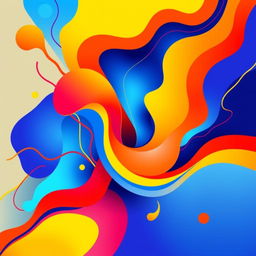A vibrant, eye-catching abstract design featuring bold geometric shapes and fluid lines, with a color palette of electric blue, fiery orange, and bright yellow