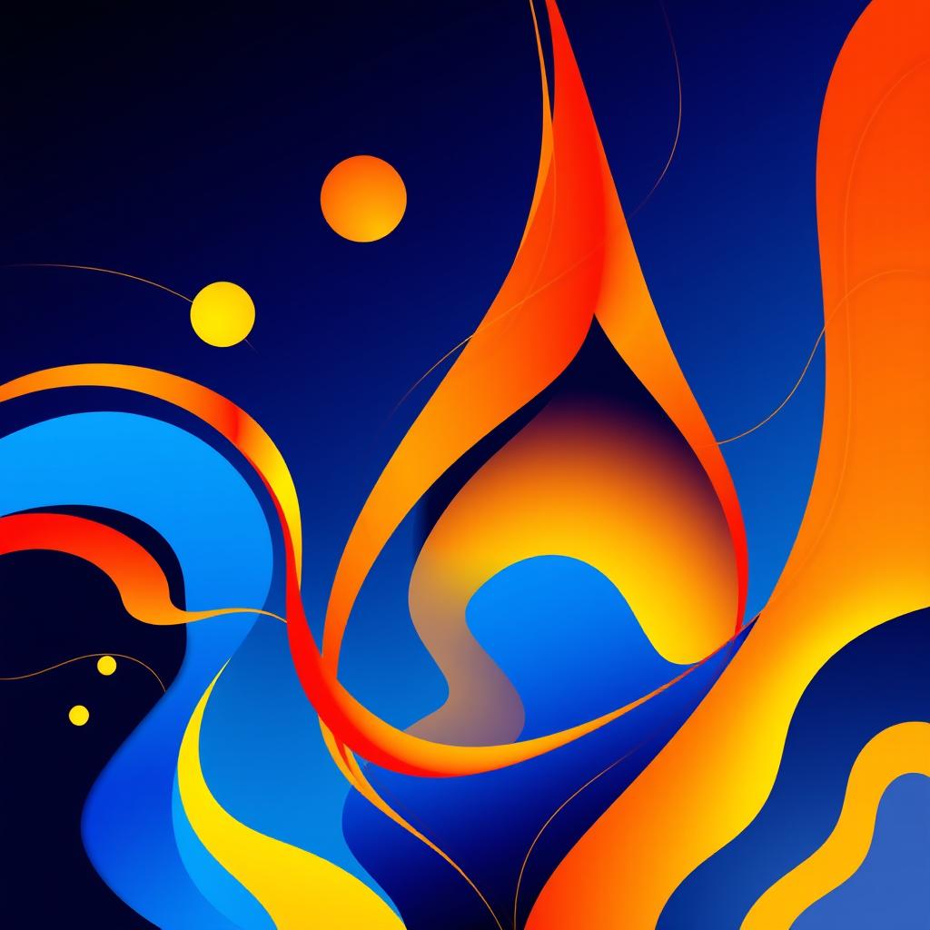 A vibrant, eye-catching abstract design featuring bold geometric shapes and fluid lines, with a color palette of electric blue, fiery orange, and bright yellow