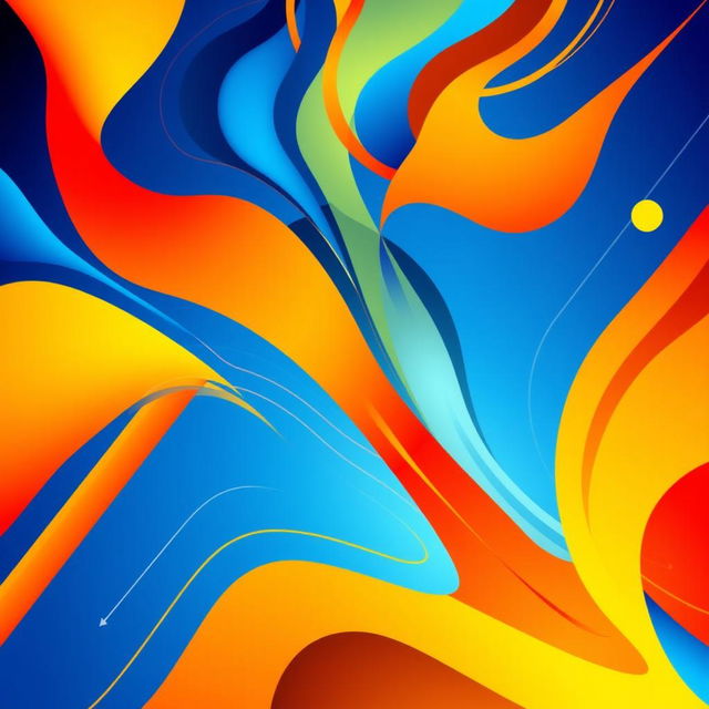 A vibrant, eye-catching abstract design featuring bold geometric shapes and fluid lines, with a color palette of electric blue, fiery orange, and bright yellow