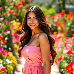 A glamorous, confident woman in a chic summer dress that accentuates her curves, standing in a picturesque garden filled with vibrant flowers