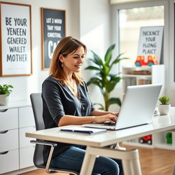 A mother generating income from her home office, showcasing a blend of professionalism and family life
