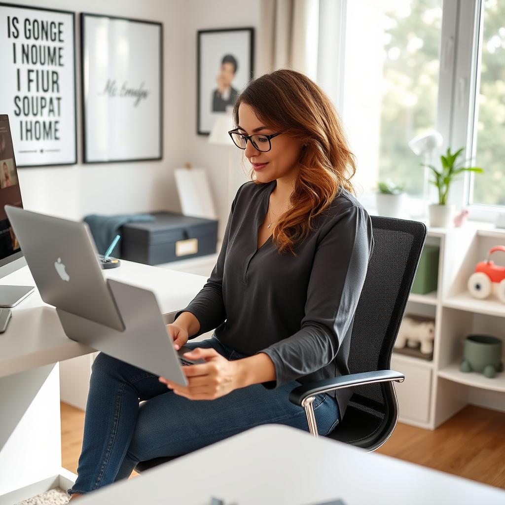 A mother generating income from her home office, showcasing a blend of professionalism and family life