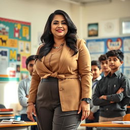 A mature Indian woman, an empowered plus-size teacher with a confident and warm demeanor, showcasing her curves while wearing a stylish, professional outfit that is both sophisticated and flattering