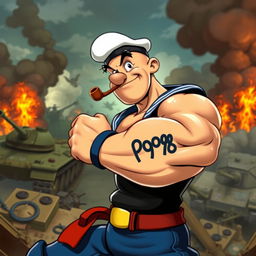 A dynamic scene depicting Popeye the Sailor fighting in an intense war setting, showcasing his iconic muscular build and his tattoo featuring FS98 prominently on his forearm