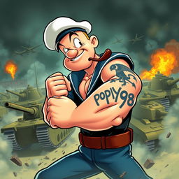 A dynamic scene depicting Popeye the Sailor fighting in an intense war setting, showcasing his iconic muscular build and his tattoo featuring FS98 prominently on his forearm