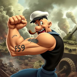 A dynamic scene depicting Popeye the Sailor fighting in an intense war setting, showcasing his iconic muscular build and his tattoo featuring FS98 prominently on his forearm