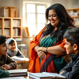 A mature Indian woman, a beautiful and confident plus-size teacher, dressed in a colorful saree that elegantly showcases her curves