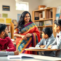 A mature Indian woman, a beautiful and confident plus-size teacher, dressed in a colorful saree that elegantly showcases her curves