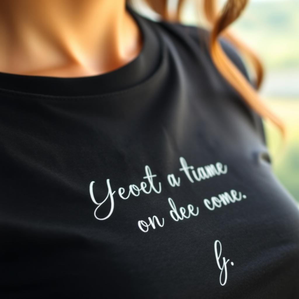 A close-up of a stylish black t-shirt featuring delicate Christian lettering