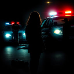 A book cover featuring a dark silhouette of a teenage girl in the foreground, looking towards incoming police cars with flashing lights