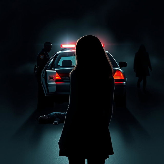 A book cover featuring a dark silhouette of a teenage girl in the foreground, looking towards incoming police cars with flashing lights