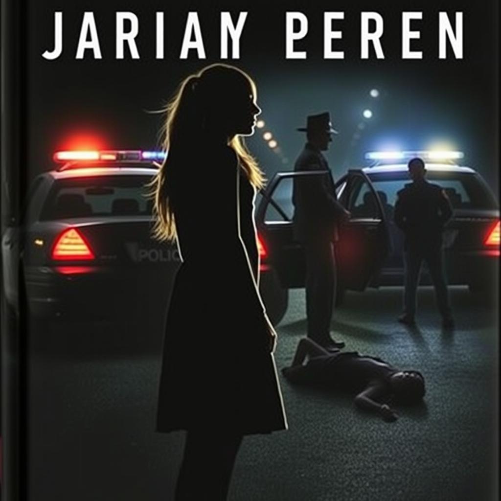 A book cover featuring a dark silhouette of a teenage girl in the foreground, looking towards incoming police cars with flashing lights
