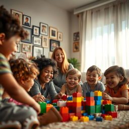 A captivating cinematic scene from a heartwarming foster film, showcasing a cozy living room filled with love and warmth