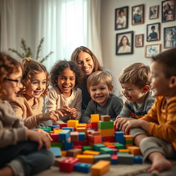 A captivating cinematic scene from a heartwarming foster film, showcasing a cozy living room filled with love and warmth