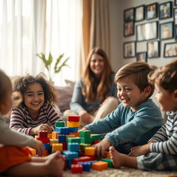 A captivating cinematic scene from a heartwarming foster film, showcasing a cozy living room filled with love and warmth