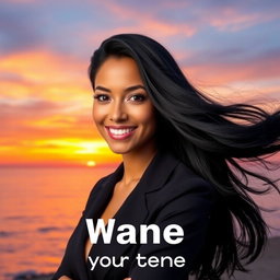 A stunning portrait of a confident woman with flowing black hair and a warm smile, exuding an aura of strength and elegance