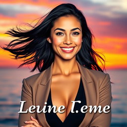 A stunning portrait of a confident woman with flowing black hair and a warm smile, exuding an aura of strength and elegance