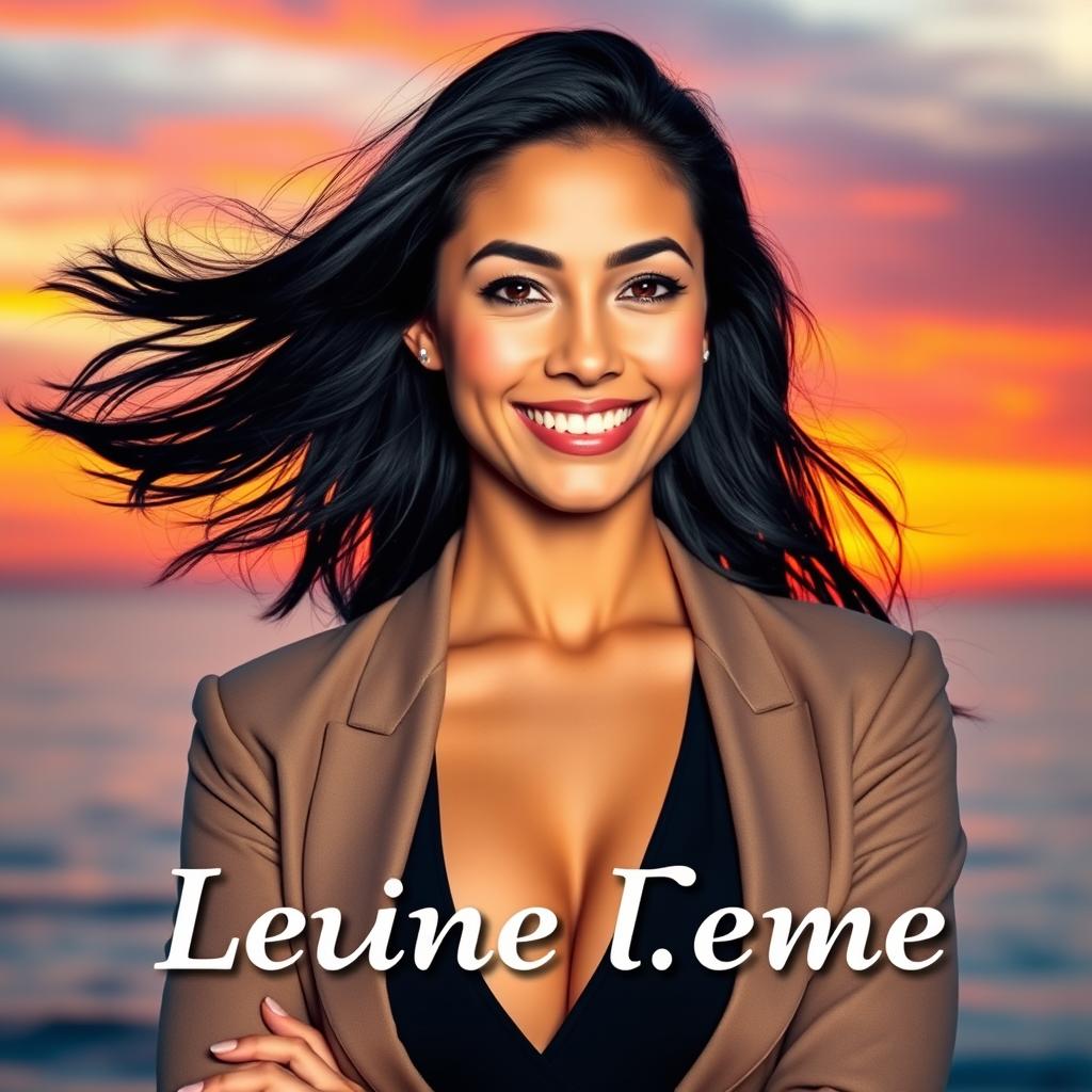 A stunning portrait of a confident woman with flowing black hair and a warm smile, exuding an aura of strength and elegance