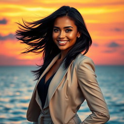 A stunning portrait of a confident woman with flowing black hair and a warm smile, exuding an aura of strength and elegance