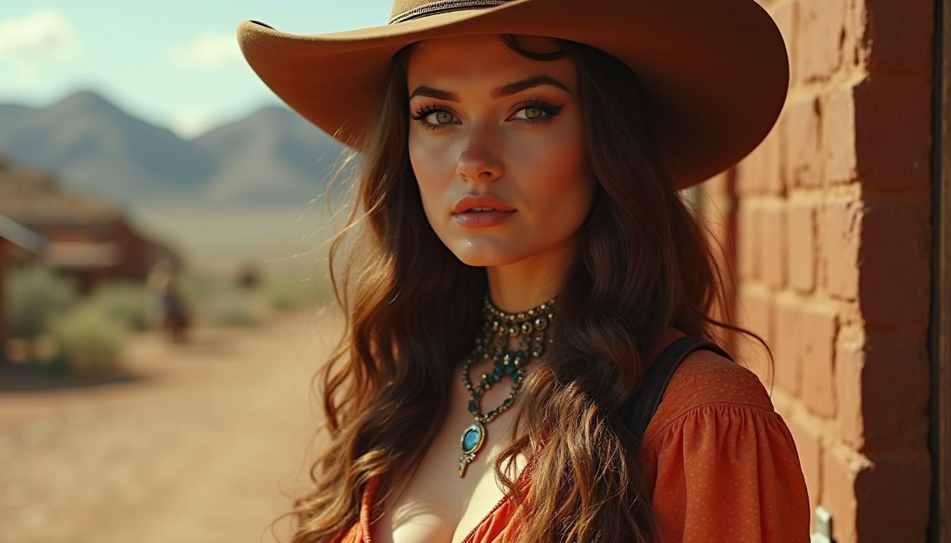 A medium shot of a sexy and attractive 25-year-old woman from the Wild West, featuring long hair and an eye-catching deep neckline that accentuates her curvy figure