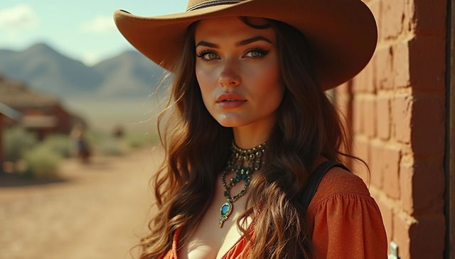 A medium shot of a sexy and attractive 25-year-old woman from the Wild West, featuring long hair and an eye-catching deep neckline that accentuates her curvy figure