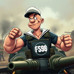 A realistic depiction of Popeye, the muscular sailor known for his spinach-fueled strength, dressed in combat gear and sitting atop military machinery, ready for war