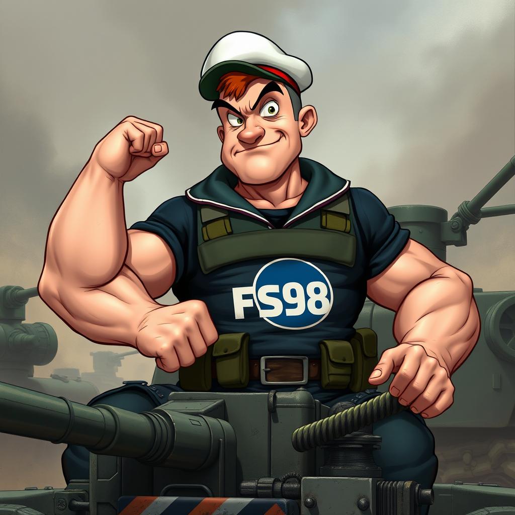 A realistic depiction of Popeye, the muscular sailor known for his spinach-fueled strength, dressed in combat gear and sitting atop military machinery, ready for war