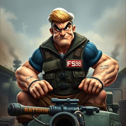A realistic depiction of Popeye, the muscular sailor known for his spinach-fueled strength, dressed in combat gear and sitting atop military machinery, ready for war