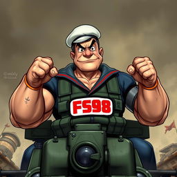 A realistic depiction of Popeye, the muscular sailor known for his spinach-fueled strength, dressed in combat gear and sitting atop military machinery, ready for war