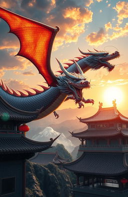 A majestic dragon soaring through the skies, surrounded by traditional Chinese architecture