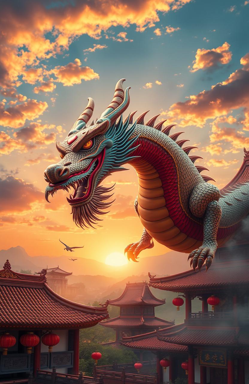 A majestic dragon soaring through the skies, surrounded by traditional Chinese architecture