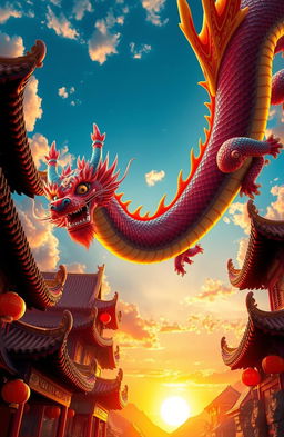 A majestic dragon soaring through the skies, surrounded by traditional Chinese architecture