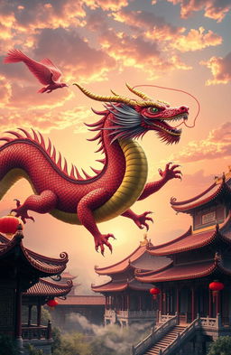 A majestic dragon soaring through the skies, surrounded by traditional Chinese architecture