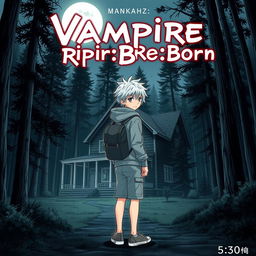 A captivating manga cover featuring a teenage boy with striking white hair, dressed in a simple grey hoodie and shorts, paired with neutral-colored sneakers