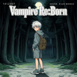A captivating manga cover featuring a teenage boy with striking white hair, dressed in a simple grey hoodie and shorts, paired with neutral-colored sneakers