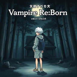 A captivating manga cover featuring a teenage boy with striking white hair, dressed in a simple grey hoodie and shorts, paired with neutral-colored sneakers
