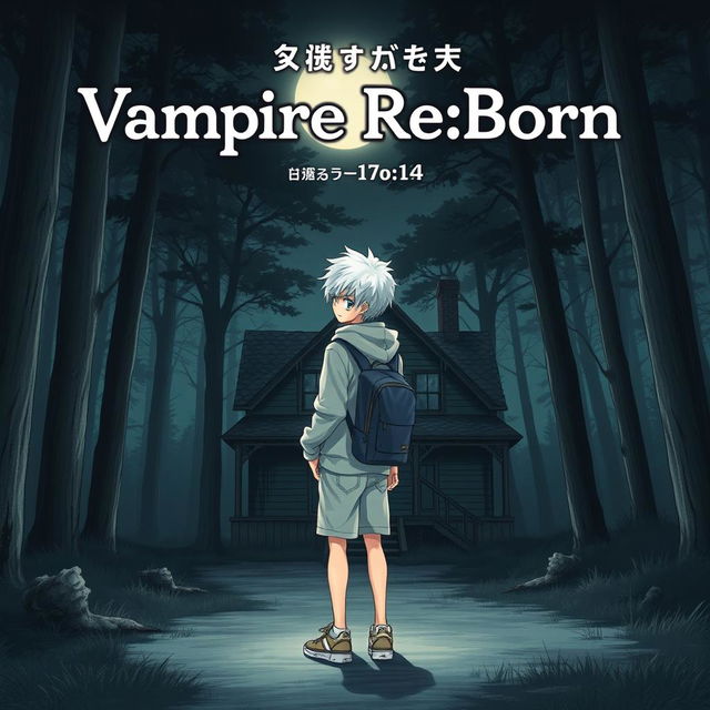 A captivating manga cover featuring a teenage boy with striking white hair, dressed in a simple grey hoodie and shorts, paired with neutral-colored sneakers