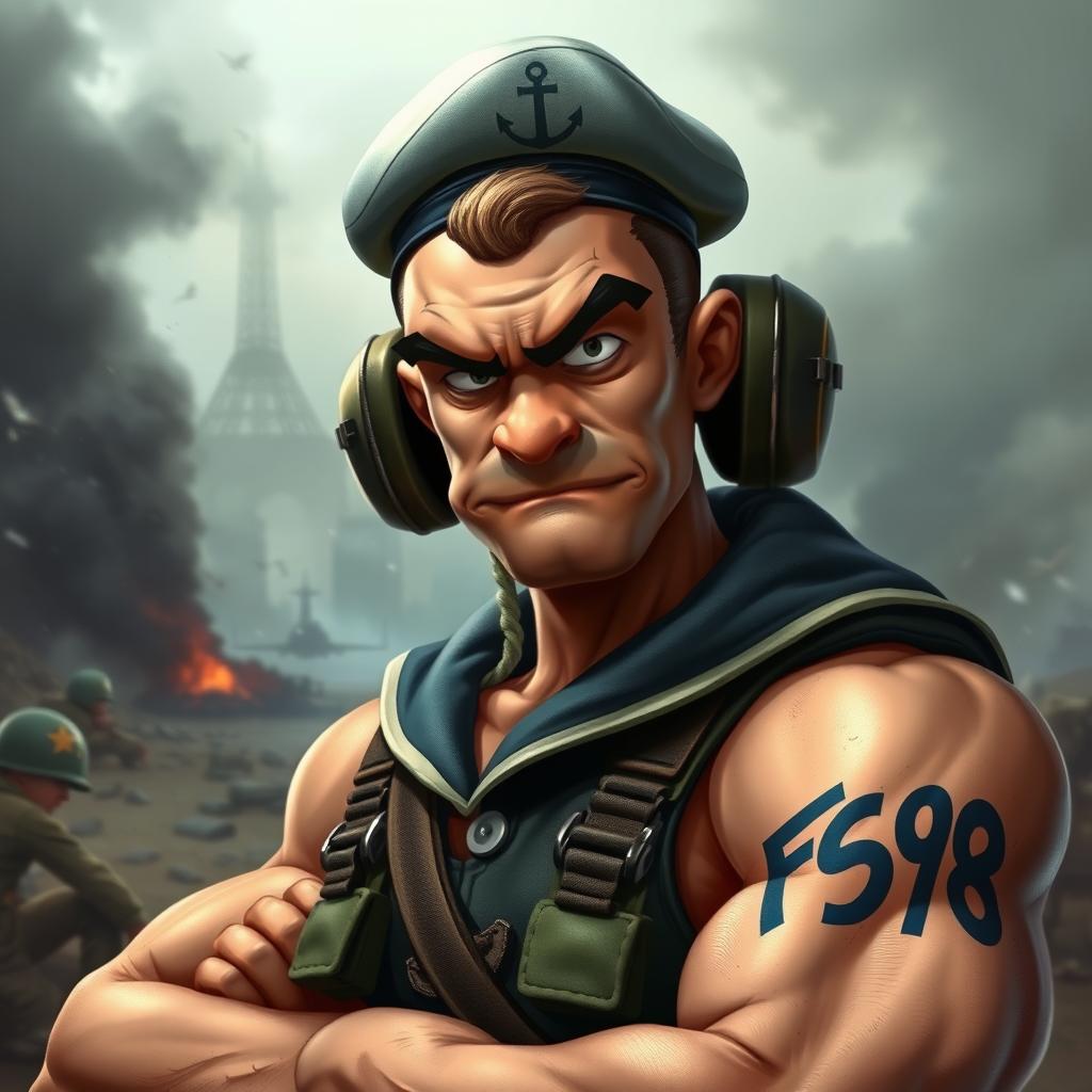 A realistic depiction of Popeye preparing for war, wearing military gear and displaying a fierce expression of determination