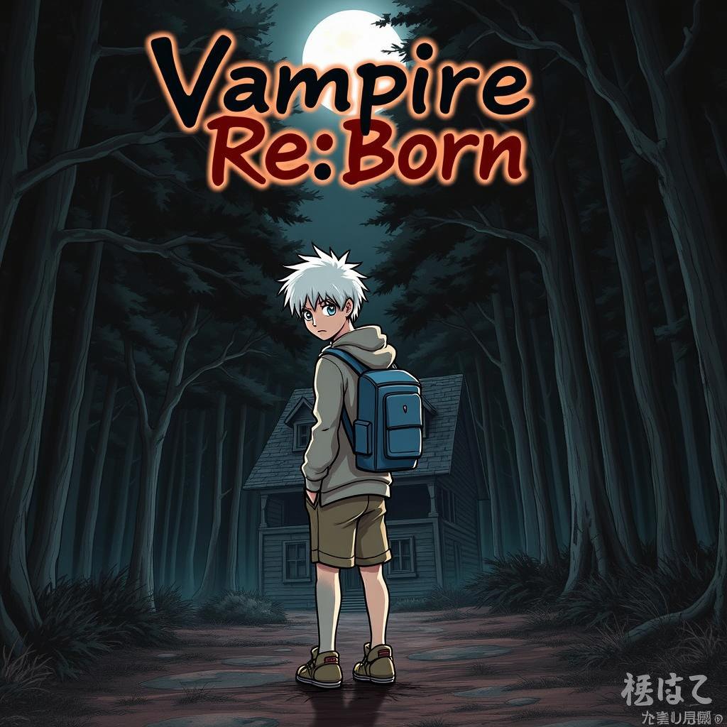 A manga cover showcasing a 14-year-old boy with striking white hair, wearing a simple grey hoodie, shorts, and neutral-colored sneakers