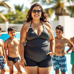 A mature, tall Indian woman, a confident plus-size teacher, wearing a stylish and modest swimsuit that flatters her figure
