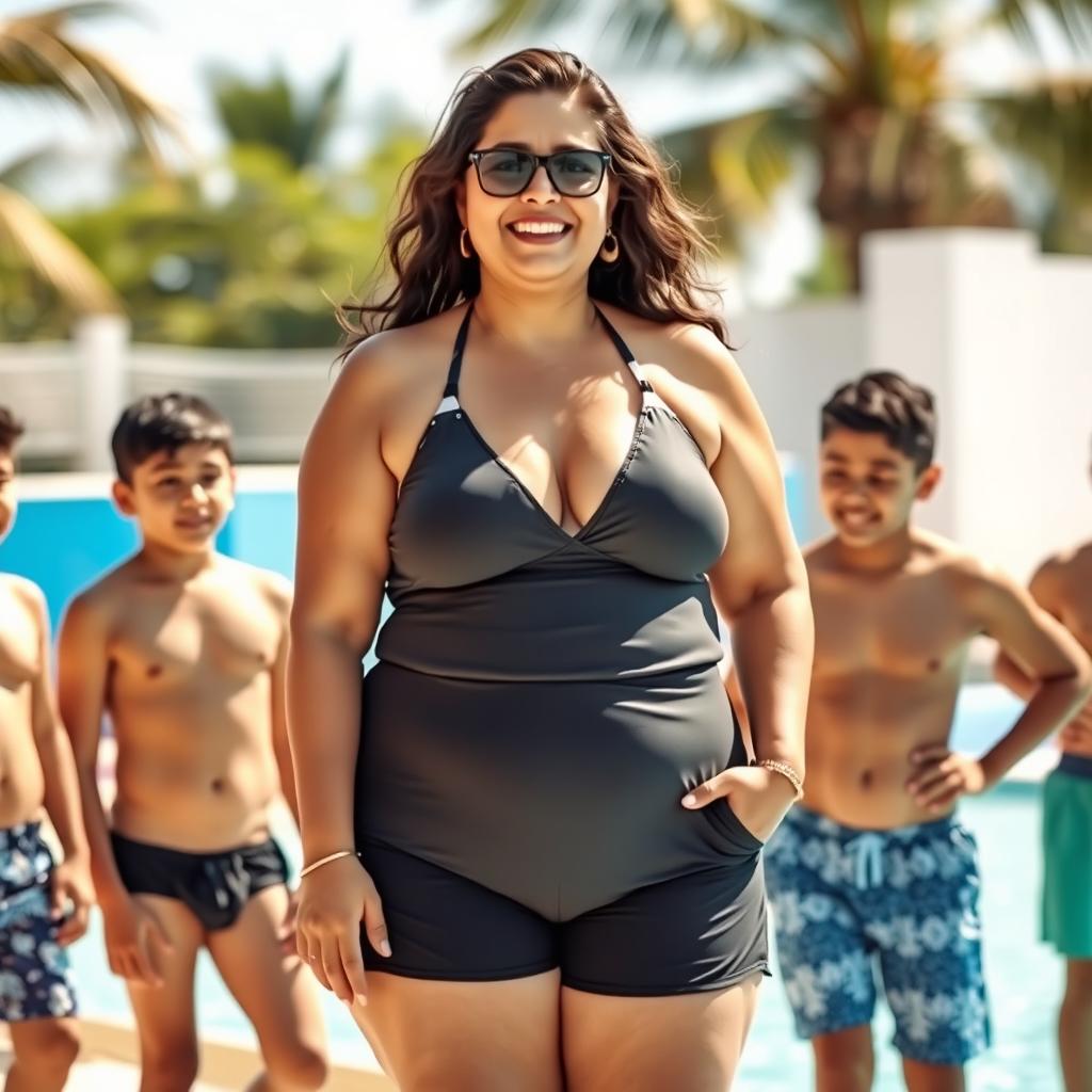 A mature, tall Indian woman, a confident plus-size teacher, wearing a stylish and modest swimsuit that flatters her figure