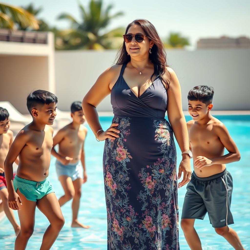 A mature, tall Indian woman, a confident plus-size teacher, wearing a stylish and modest swimsuit that highlights her figure