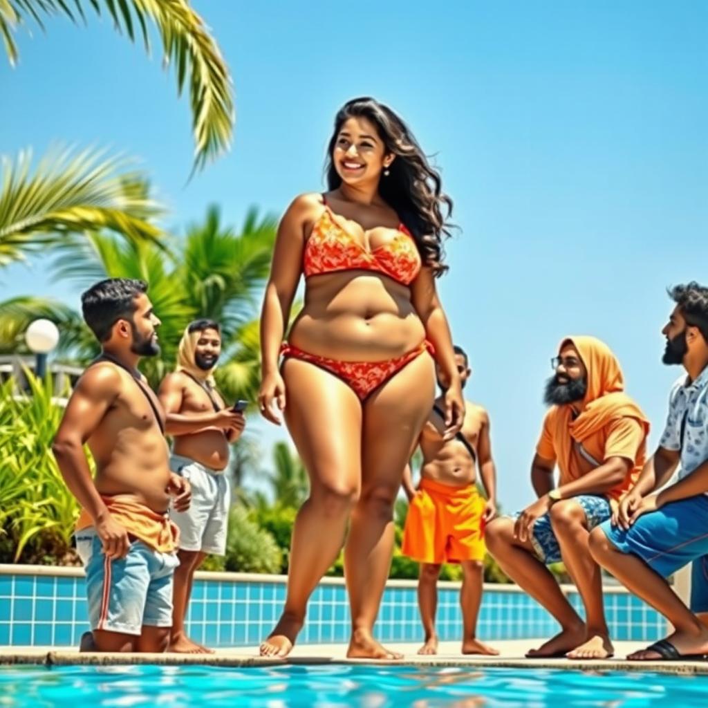 A tall Indian woman, characterized as a voluptuous BBW teacher, confidently wearing a stylish swimsuit, standing under bright summer sunshine
