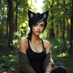 A woman with a short black pixie mullet hairstyle featuring some white strands, and soft yellow-golden eyes, has wolf ears and a fluffy wolf tail