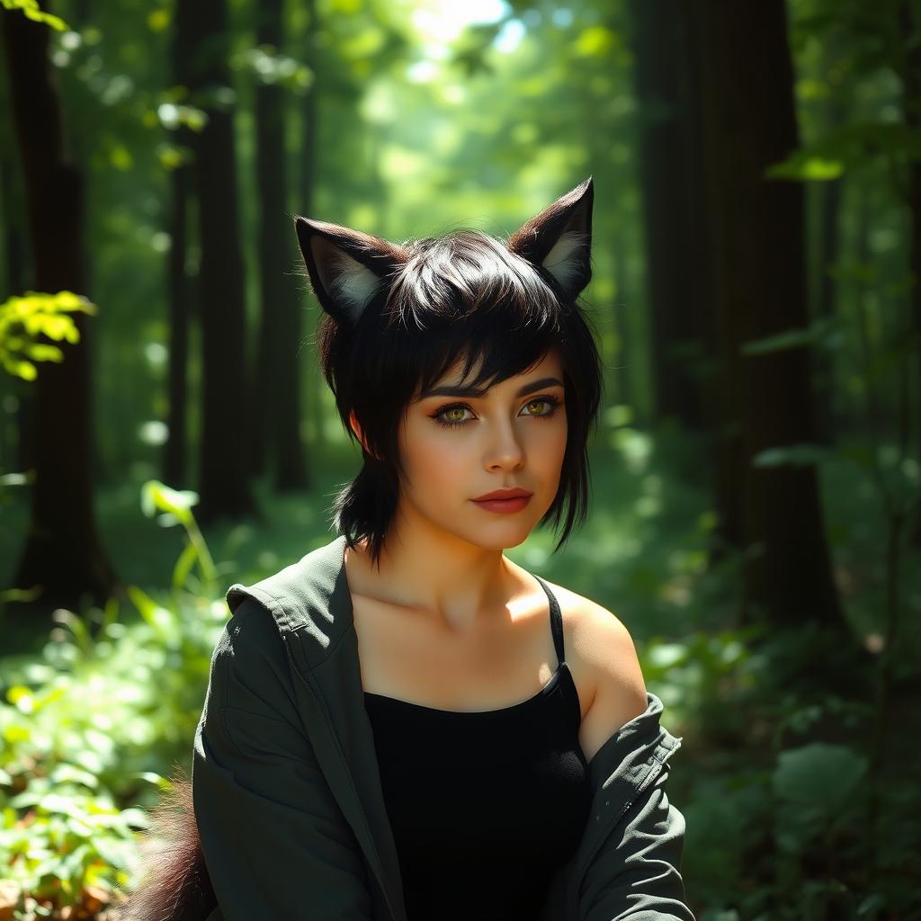 A woman with a short black pixie mullet hairstyle featuring some white strands, and soft yellow-golden eyes, has wolf ears and a fluffy wolf tail