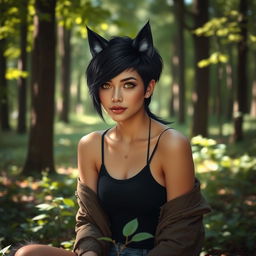A woman with a short black pixie mullet hairstyle featuring some white strands, and soft yellow-golden eyes, has wolf ears and a fluffy wolf tail