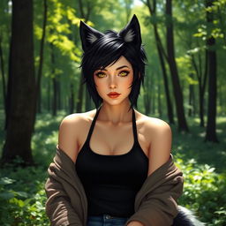 A woman with a short black pixie mullet hairstyle featuring some white strands, and soft yellow-golden eyes, has wolf ears and a fluffy wolf tail
