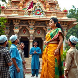 A tall Indian woman, depicted as a busty BBW teacher, gracefully wearing an elegant saree in vibrant colors, standing outside a beautifully ornate Indian temple