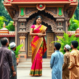 A tall Indian woman, depicted as a busty BBW teacher, gracefully wearing an elegant saree in vibrant colors, standing outside a beautifully ornate Indian temple