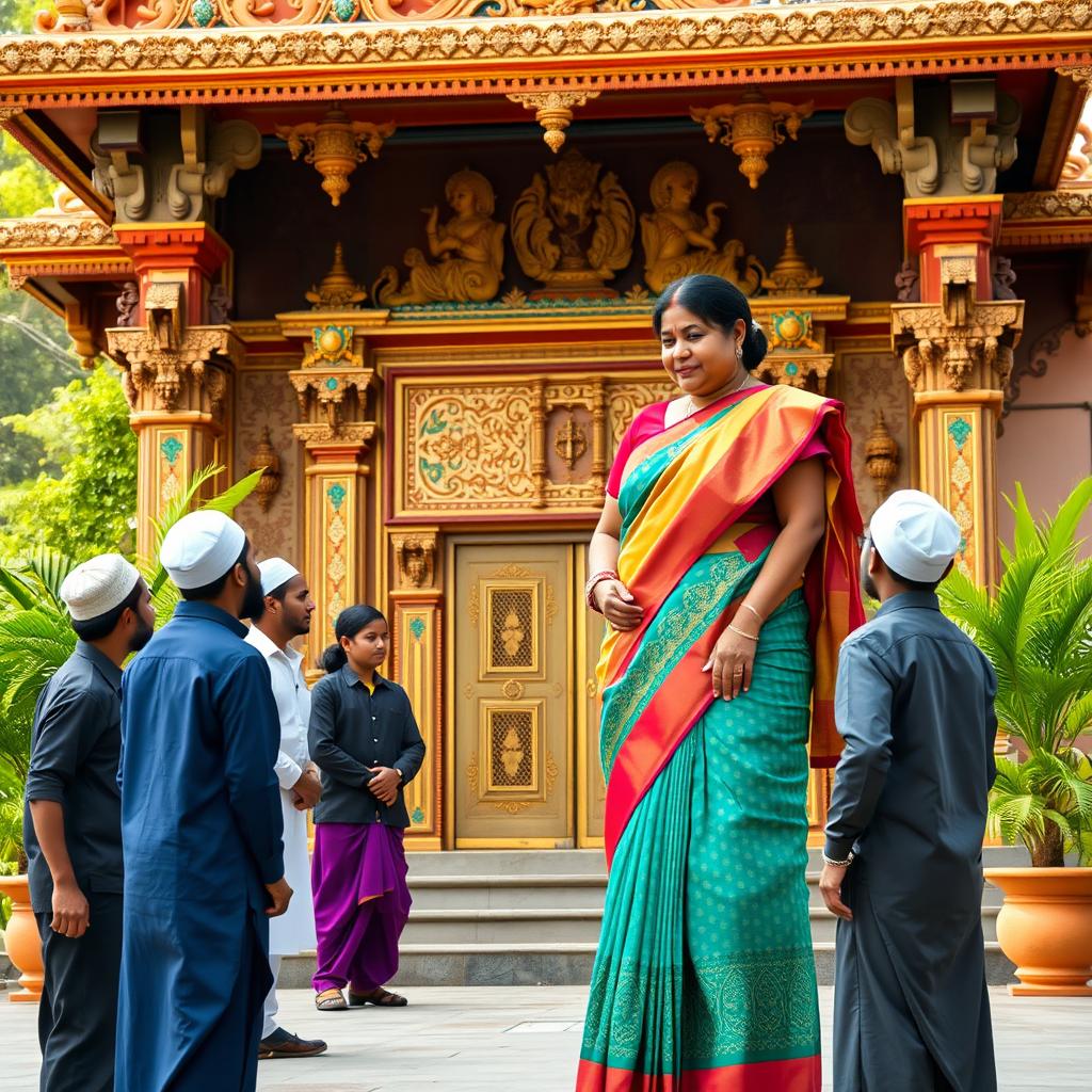 A tall Indian woman, depicted as a busty BBW teacher, gracefully wearing an elegant saree in vibrant colors, standing outside a beautifully ornate Indian temple